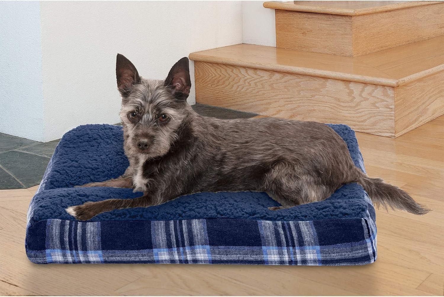 imageFurhaven Pillow Dog Bed for MediumSmall Dogs w Removable Washable Cover Ultra Plush Faux Fur ampamp Suede Mattress Cream MediumPlaid Midnight Blue