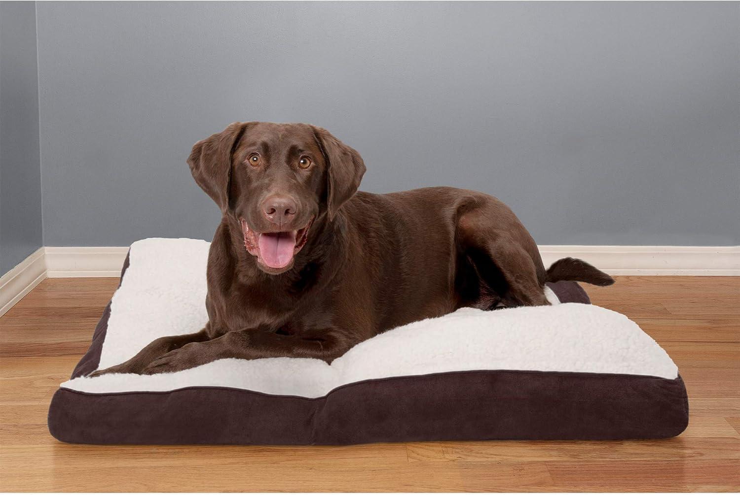 imageFurhaven Pillow Dog Bed for MediumSmall Dogs w Removable Washable Cover Ultra Plush Faux Fur ampamp Suede Mattress Cream MediumSherpa Suede Espresso