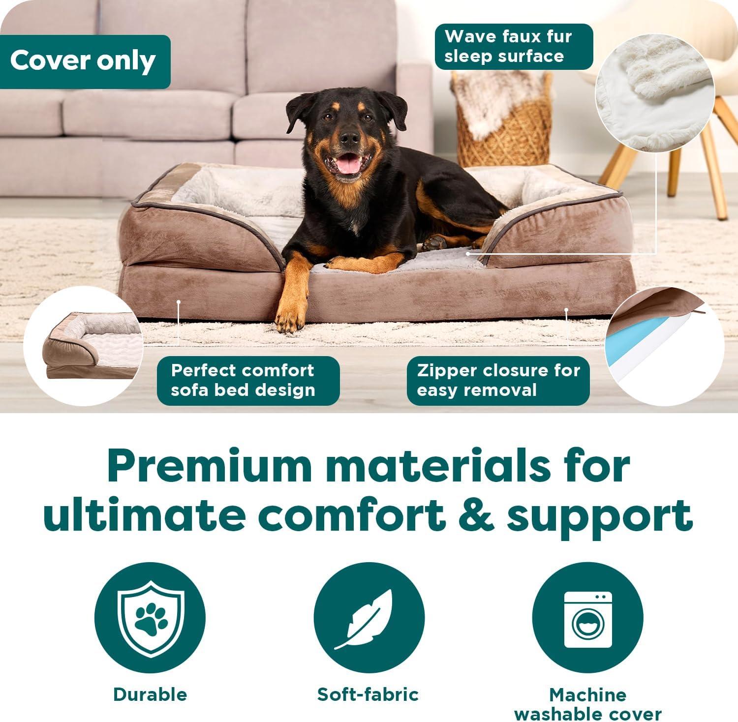 imageFurhaven Replacement Dog Bed Cover Sherpa ampamp Chenille SofaStyle Machine Washable Coffee MediumBrownstone
