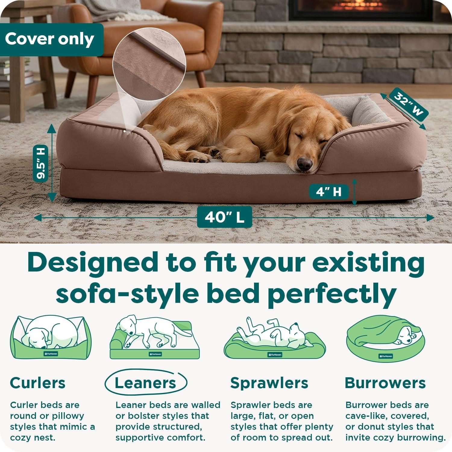 imageFurhaven Replacement Dog Bed Cover Sherpa ampamp Chenille SofaStyle Machine Washable Coffee MediumBrownstone