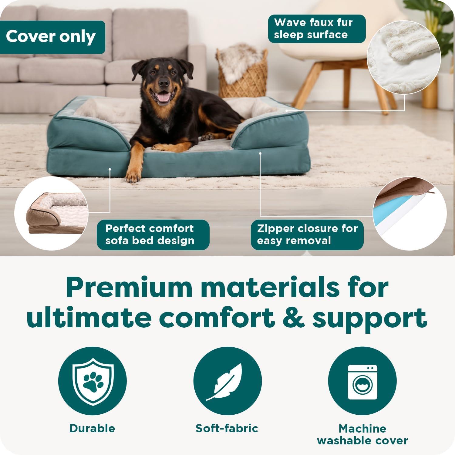 imageFurhaven Replacement Dog Bed Cover Sherpa ampamp Chenille SofaStyle Machine Washable Coffee MediumCeladon Green