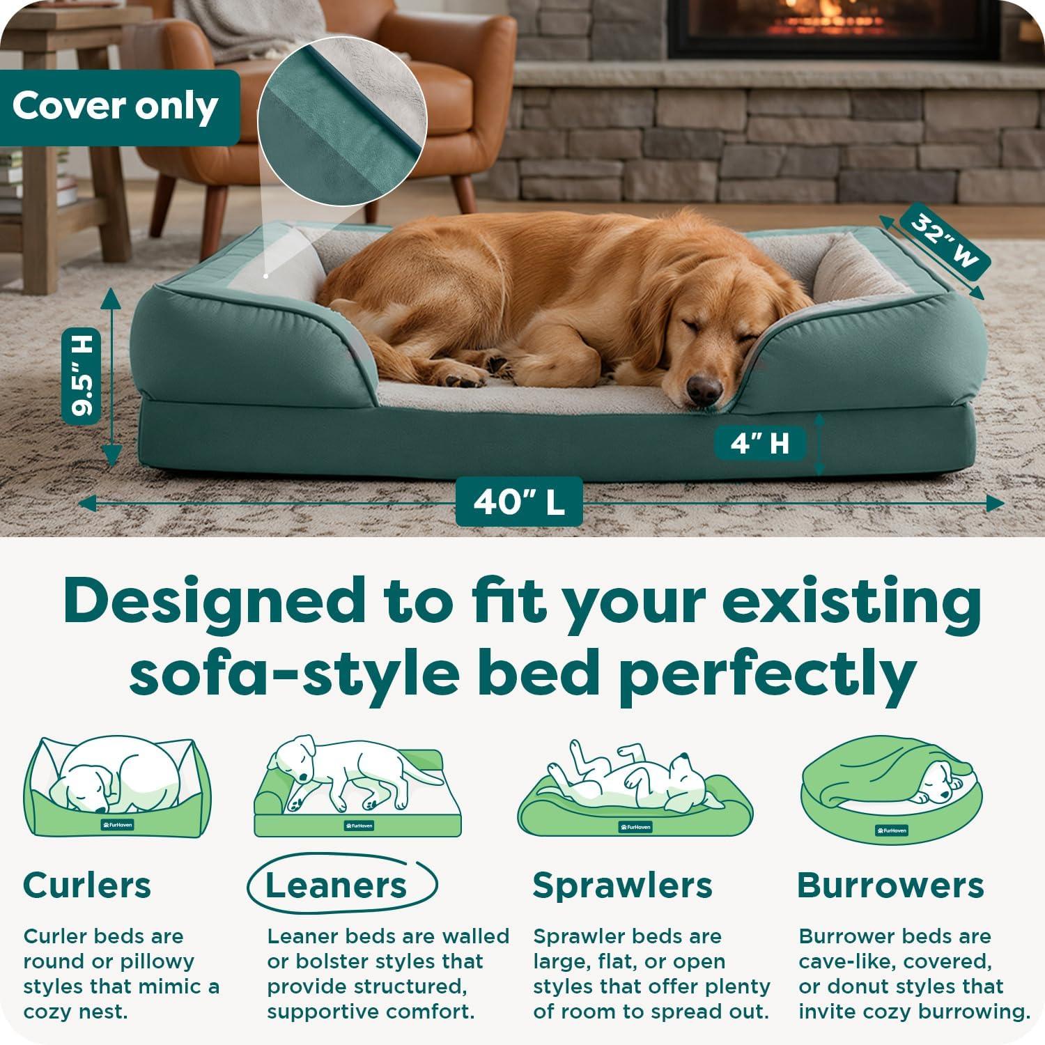 imageFurhaven Replacement Dog Bed Cover Sherpa ampamp Chenille SofaStyle Machine Washable Coffee MediumCeladon Green