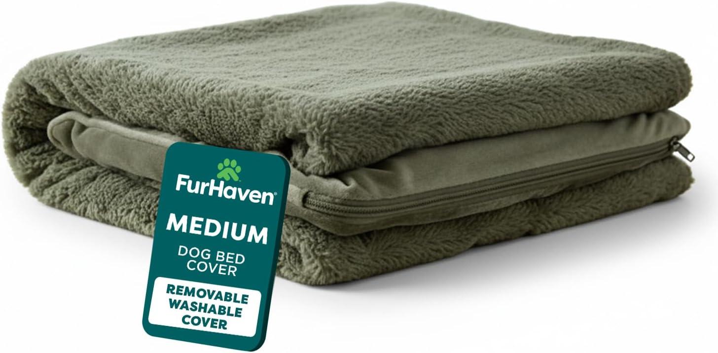 imageFurhaven Replacement Dog Bed Cover Sherpa ampamp Chenille SofaStyle Machine Washable Coffee MediumFaux Fur Velvet Dark Sage