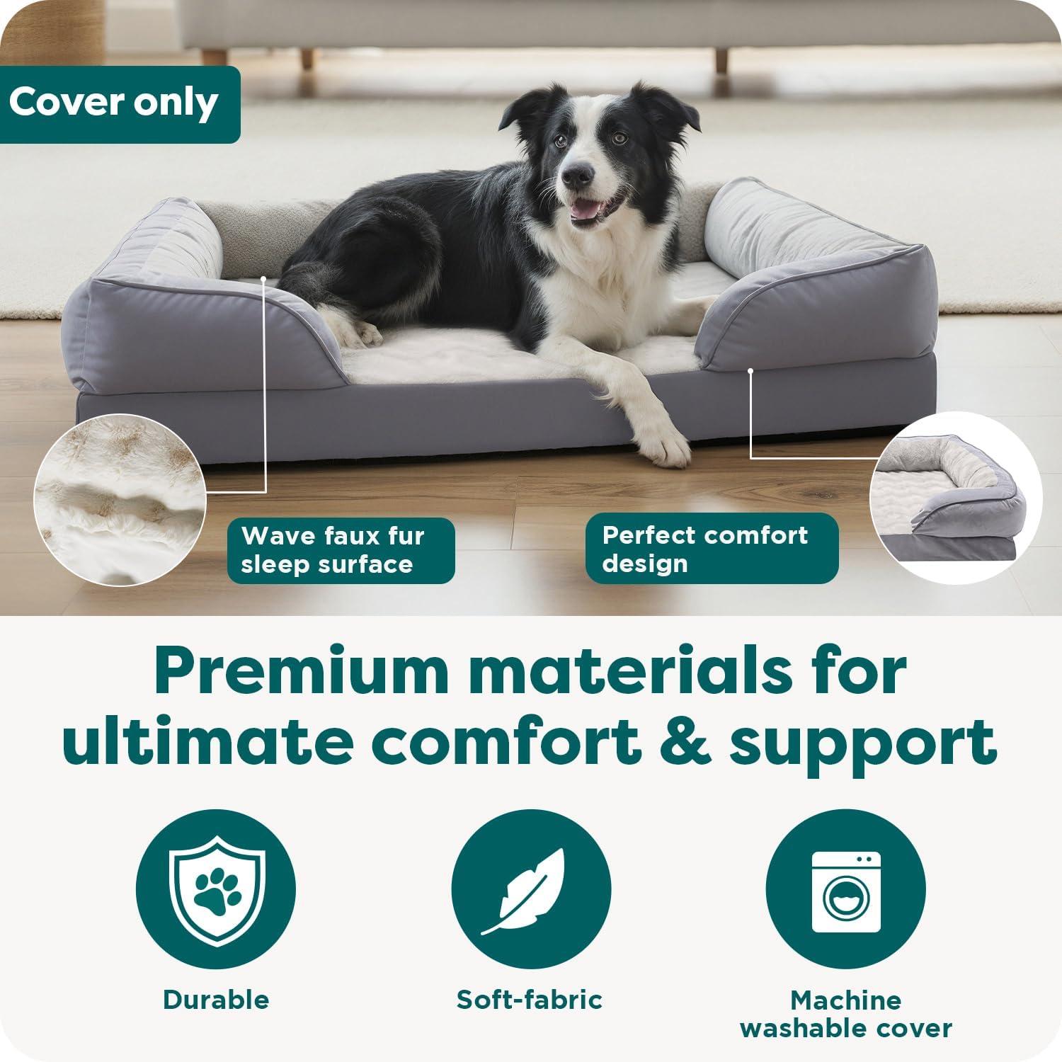imageFurhaven Replacement Dog Bed Cover Sherpa ampamp Chenille SofaStyle Machine Washable Coffee MediumGranite Gray