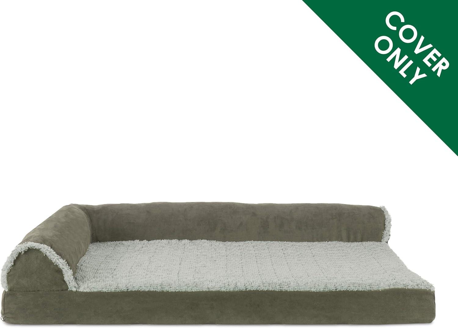 imageFurhaven Replacement Dog Bed Cover TwoTone Faux Fur ampamp Suede L Shaped Chaise Machine Washable Dark Sage Jumbo XLargeDark Sage