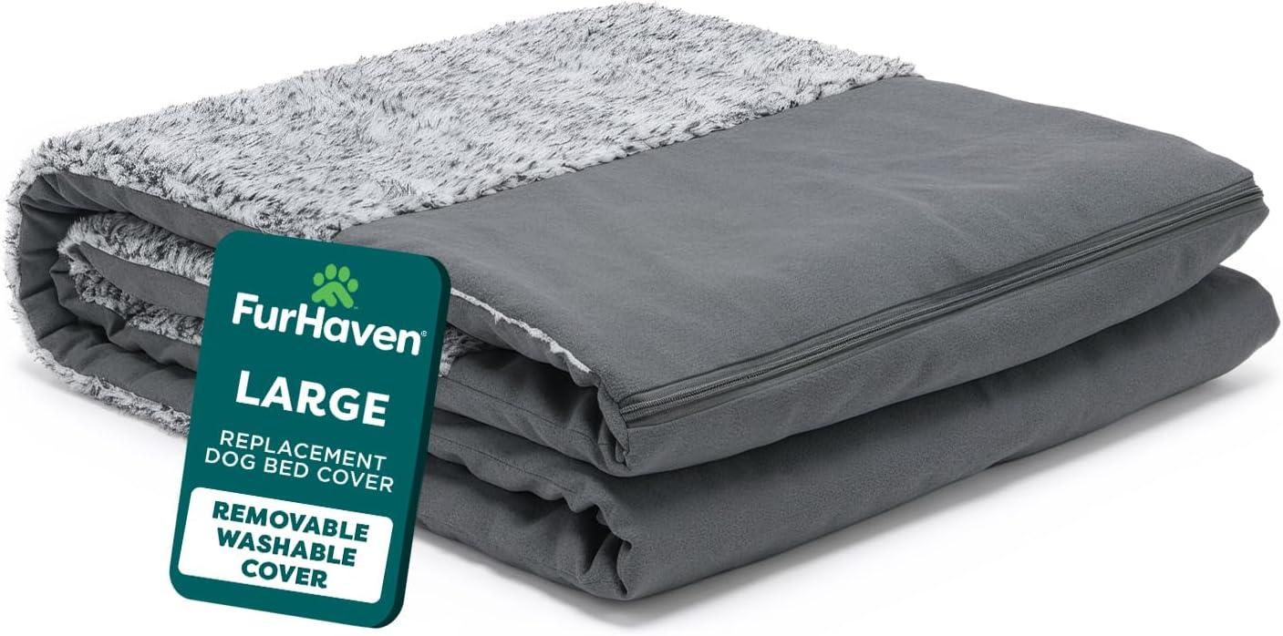 imageFurhaven Replacement Dog Bed Cover TwoTone Faux Fur ampamp Suede L Shaped Chaise Machine Washable Dark Sage Jumbo XLargeStone Gray
