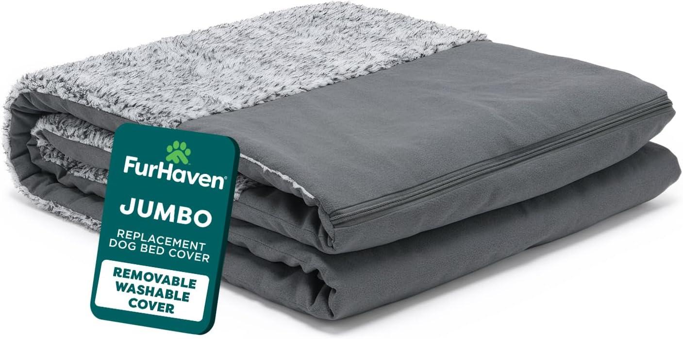 imageFurhaven Replacement Dog Bed Cover TwoTone Faux Fur ampamp Suede L Shaped Chaise Machine Washable Dark Sage Jumbo XLargeStone Gray