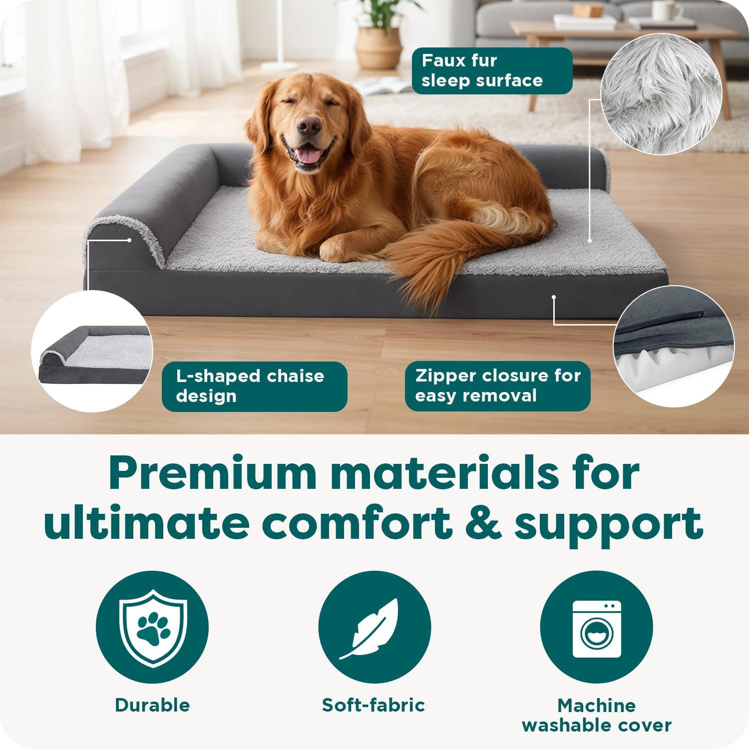 imageFurhaven Replacement Dog Bed Cover TwoTone Faux Fur ampamp Suede L Shaped Chaise Machine Washable Dark Sage Jumbo XLargeStone Gray
