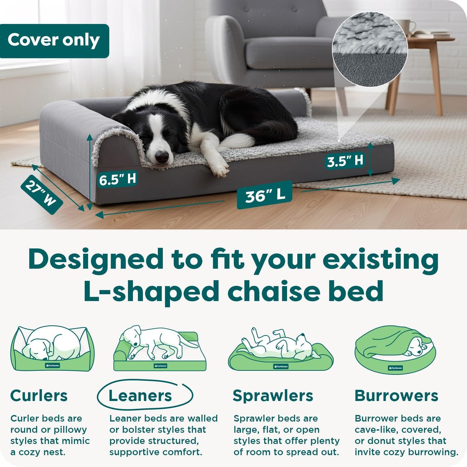 imageFurhaven Replacement Dog Bed Cover TwoTone Faux Fur ampamp Suede L Shaped Chaise Machine Washable Dark Sage Jumbo XLargeStone Gray