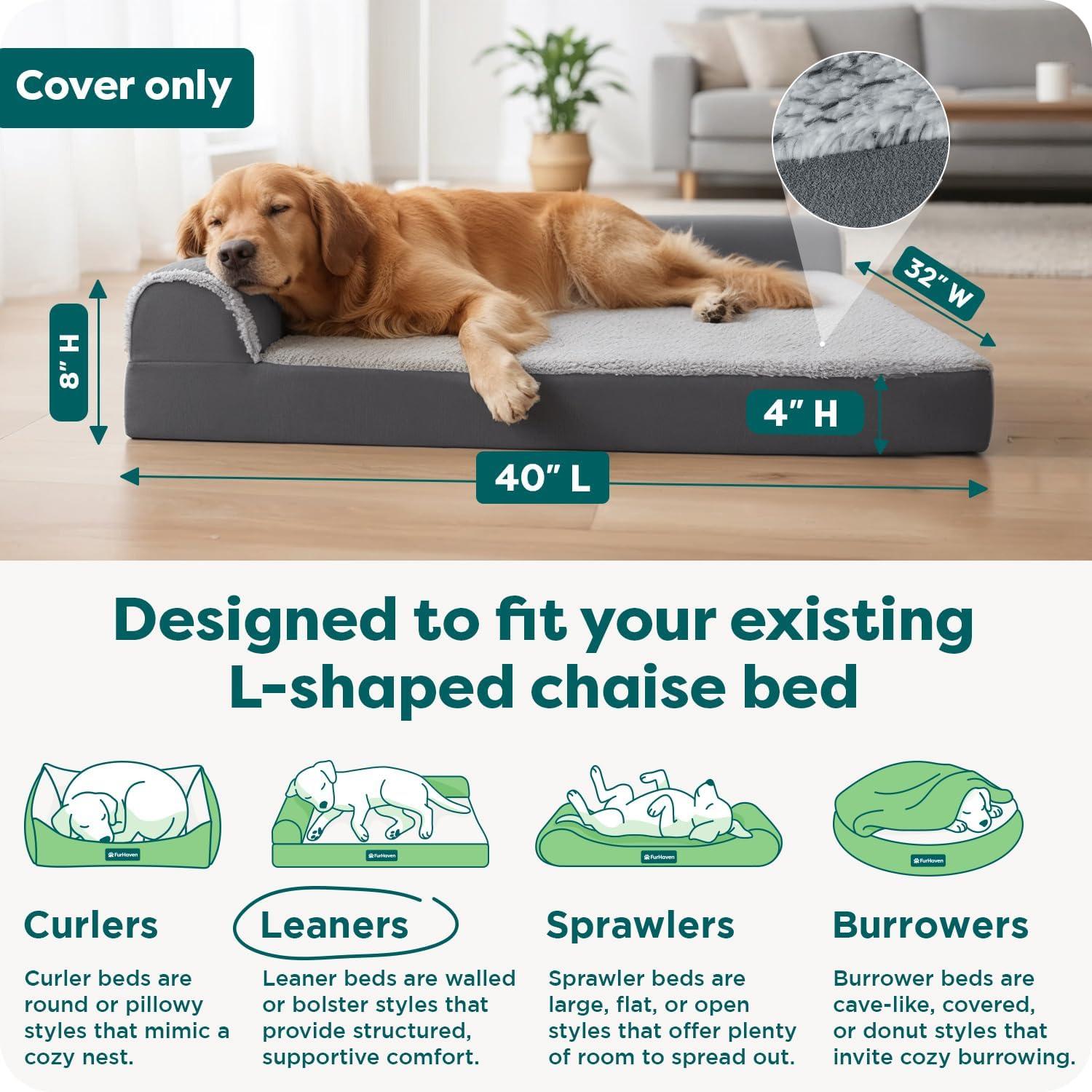 imageFurhaven Replacement Dog Bed Cover TwoTone Faux Fur ampamp Suede L Shaped Chaise Machine Washable Dark Sage Jumbo XLargeStone Gray