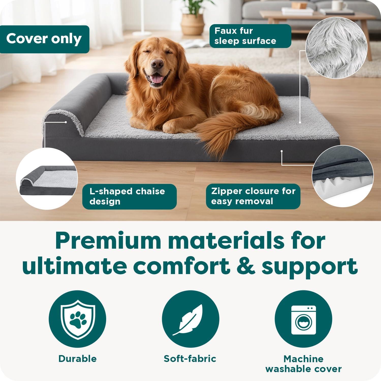 imageFurhaven Replacement Dog Bed Cover TwoTone Faux Fur ampamp Suede L Shaped Chaise Machine Washable Dark Sage Jumbo XLargeStone Gray