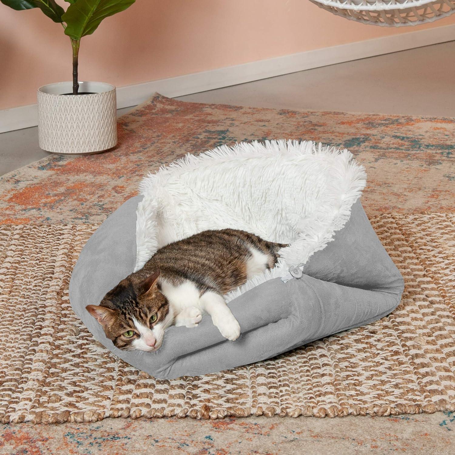 imageFurhaven SelfWarming Cat Bed for Indoor Cats 4Bedsin1 ampamp Washable Plush Long Faux Fur Convertible Cuddler Silver Large