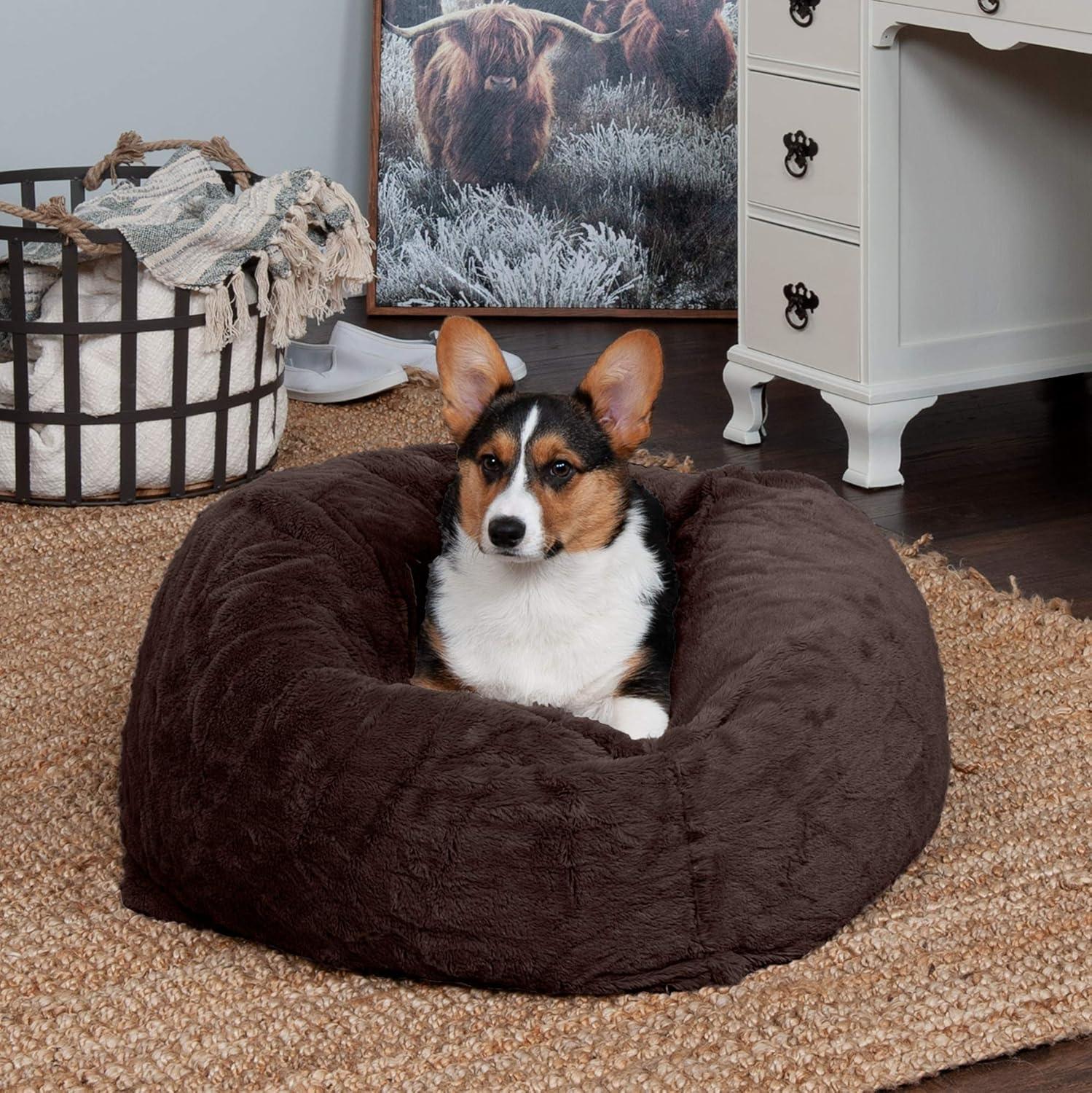 imageFurhaven Soft ampamp Cozy Dog Bed for LargeMedium Dogs Refillable w Removable Washable Cover ampamp Liner For Dogs Up to 55 lbs Plush Faux Fur Bean Bag Style Ball Bed Espresso LargePlush Faux Fur Espresso