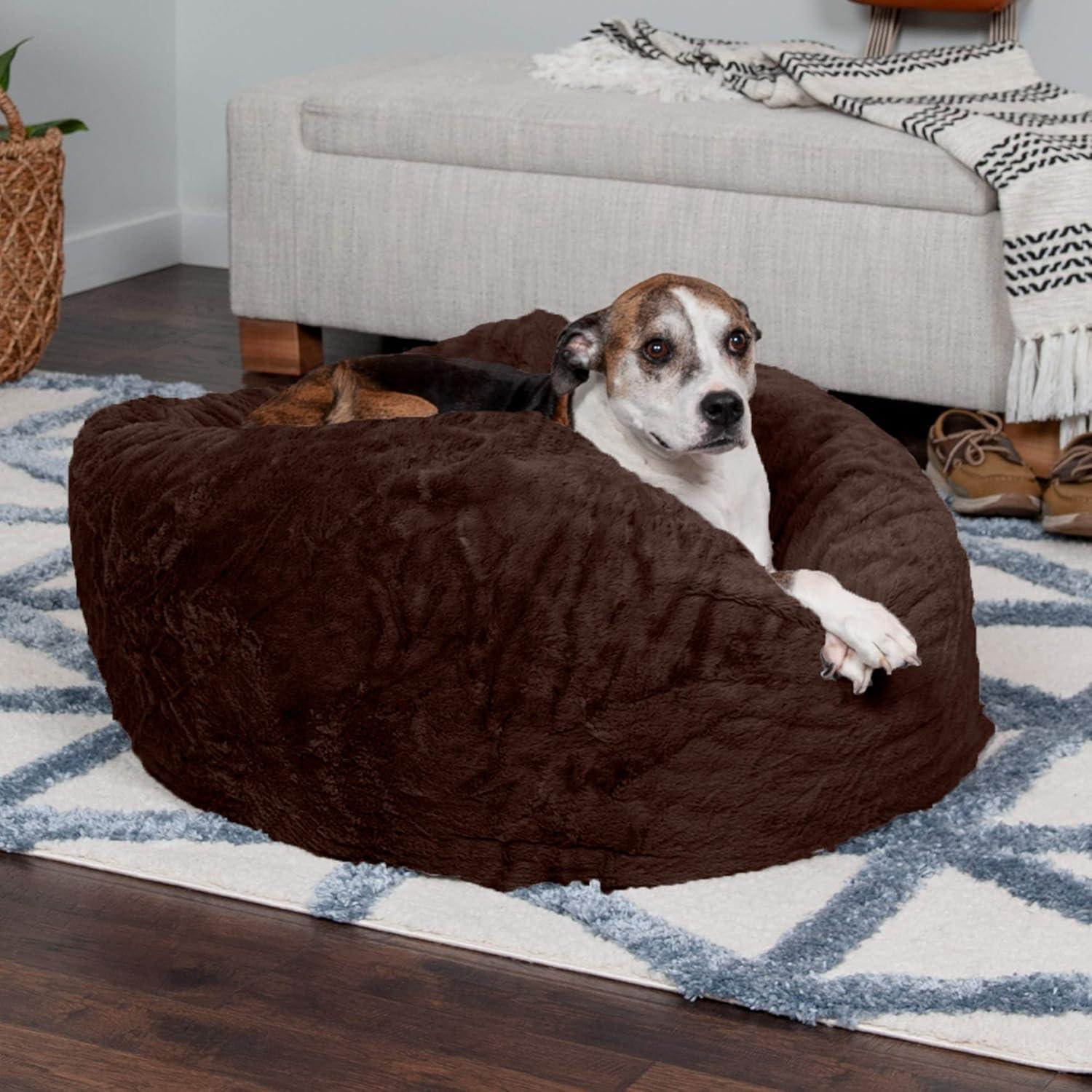 imageFurhaven Soft ampamp Cozy Dog Bed for LargeMedium Dogs Refillable w Removable Washable Cover ampamp Liner For Dogs Up to 55 lbs Plush Faux Fur Bean Bag Style Ball Bed Espresso LargePlush Faux Fur Espresso