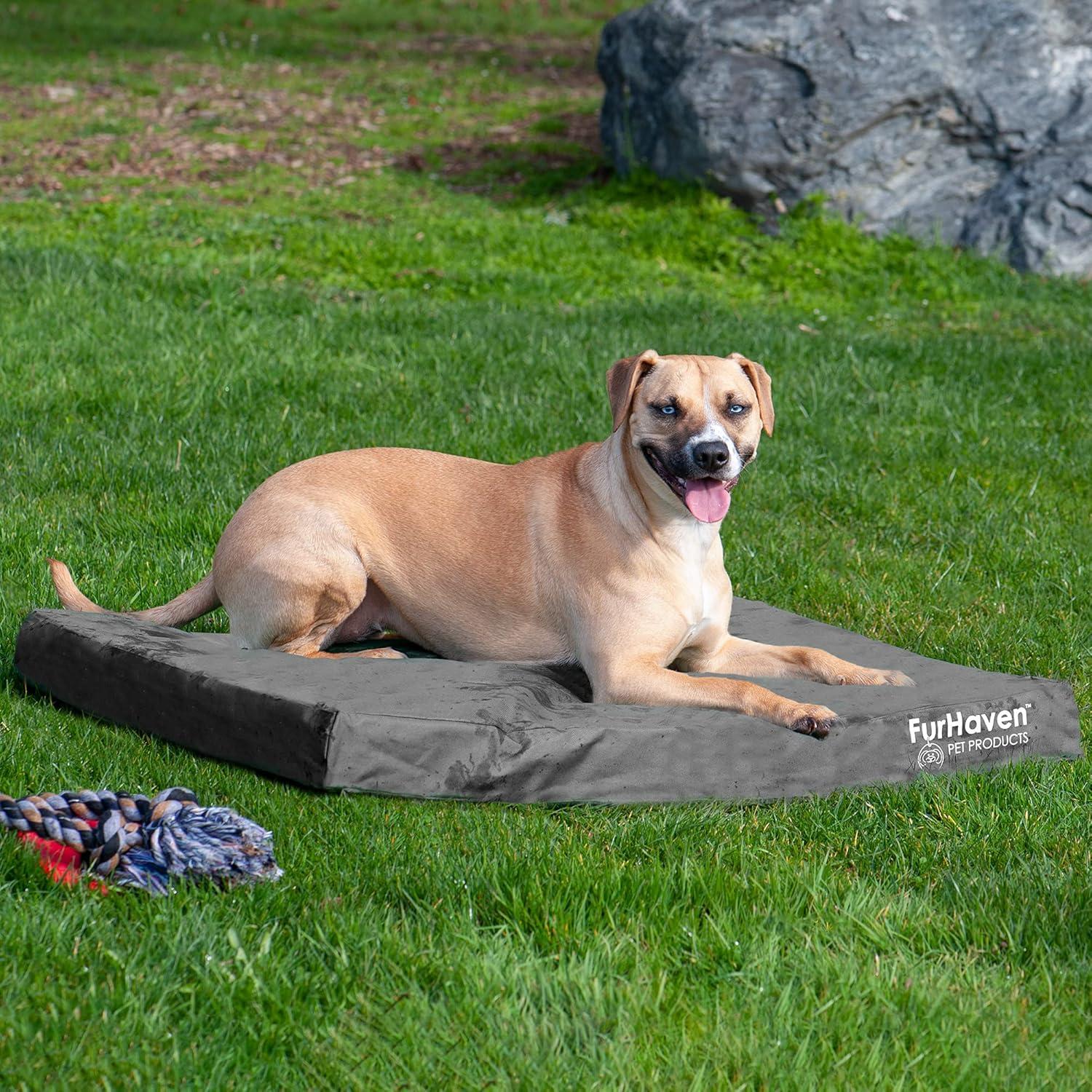 imageFurhaven WaterResistant Cooling Gel Dog Bed for LargeMedium Dogs w Removable Washable Cover For Dogs Up to 55 lbs IndoorOutdoor Logo Print Oxford Polycanvas Mattress Stone Gray Large