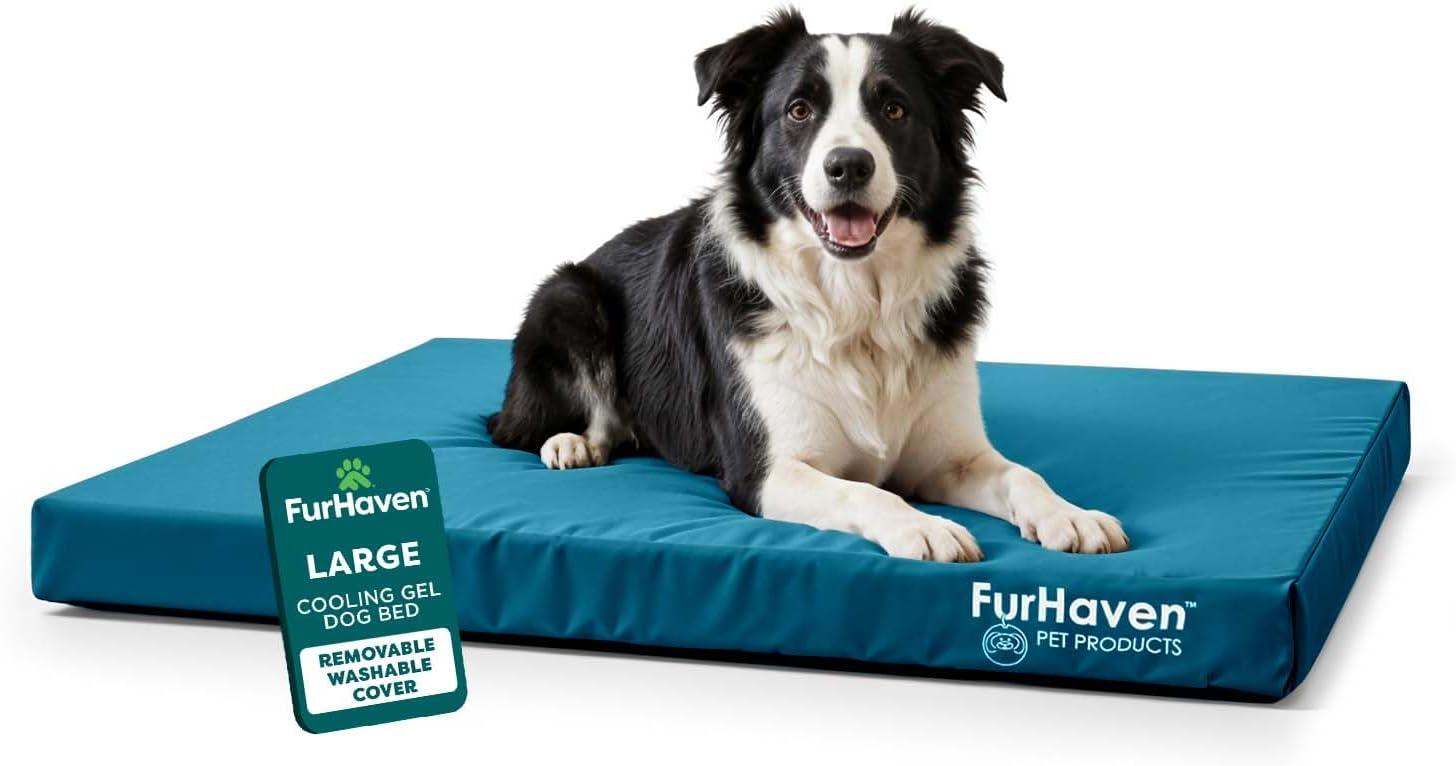 imageFurhaven WaterResistant Cooling Gel Dog Bed for MediumSmall Dogs w Removable Washable Cover For Dogs Up to 35 lbs IndoorOutdoor Logo Print Oxford Polycanvas Mattress Stone Gray MediumDeep Lagoon