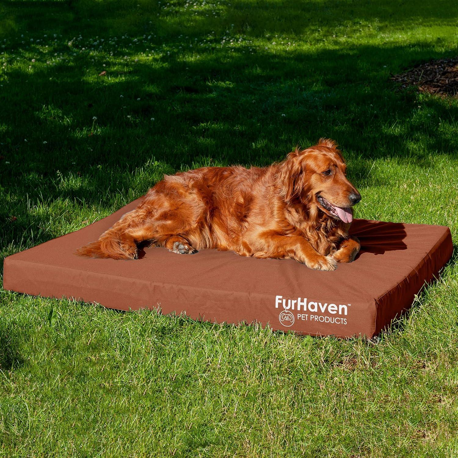 imageFurhaven WaterResistant Cooling Gel Dog Bed for MediumSmall Dogs w Removable Washable Cover For Dogs Up to 35 lbs IndoorOutdoor Logo Print Oxford Polycanvas Mattress Stone Gray MediumChestnut