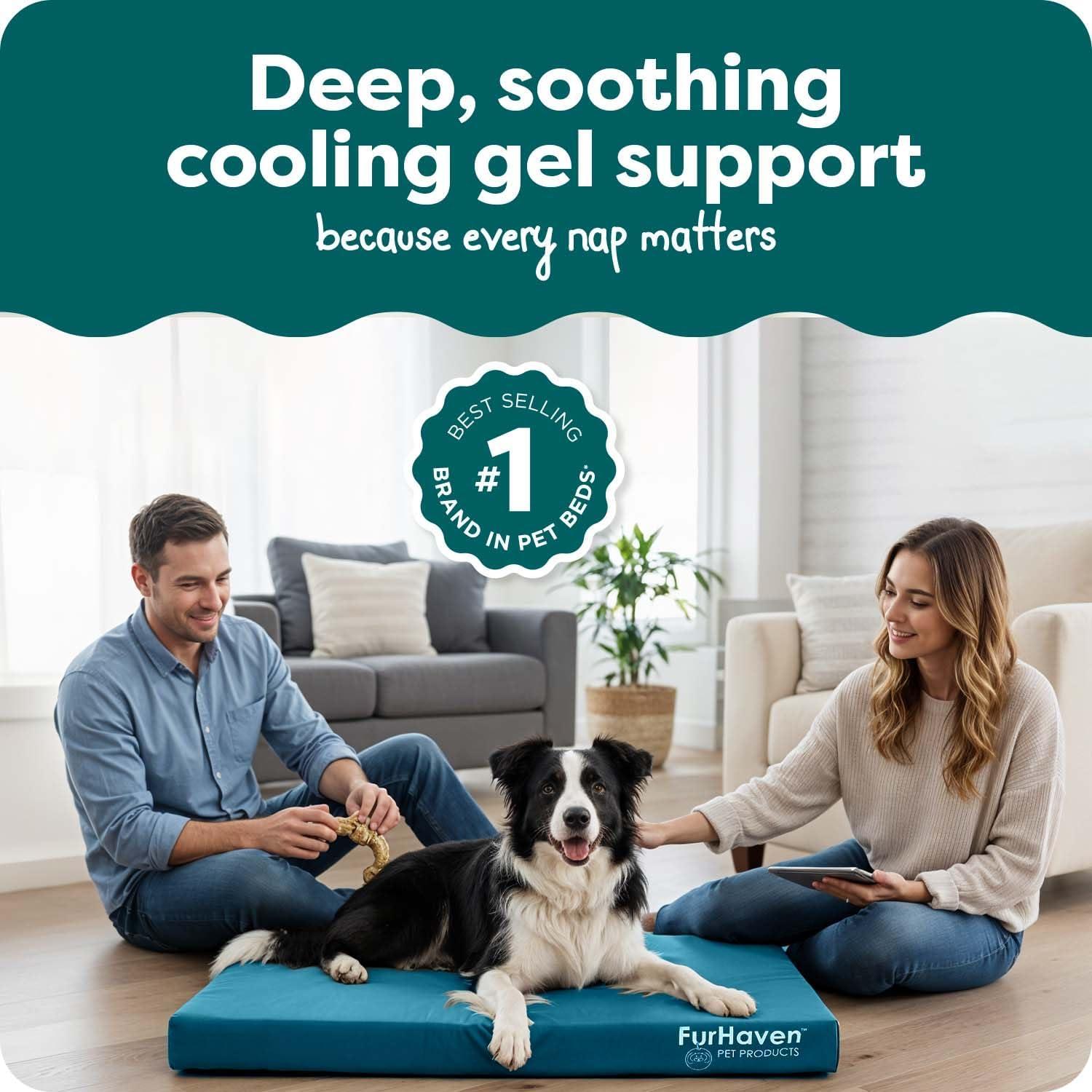 imageFurhaven WaterResistant Cooling Gel Dog Bed for MediumSmall Dogs w Removable Washable Cover For Dogs Up to 35 lbs IndoorOutdoor Logo Print Oxford Polycanvas Mattress Stone Gray MediumDeep Lagoon