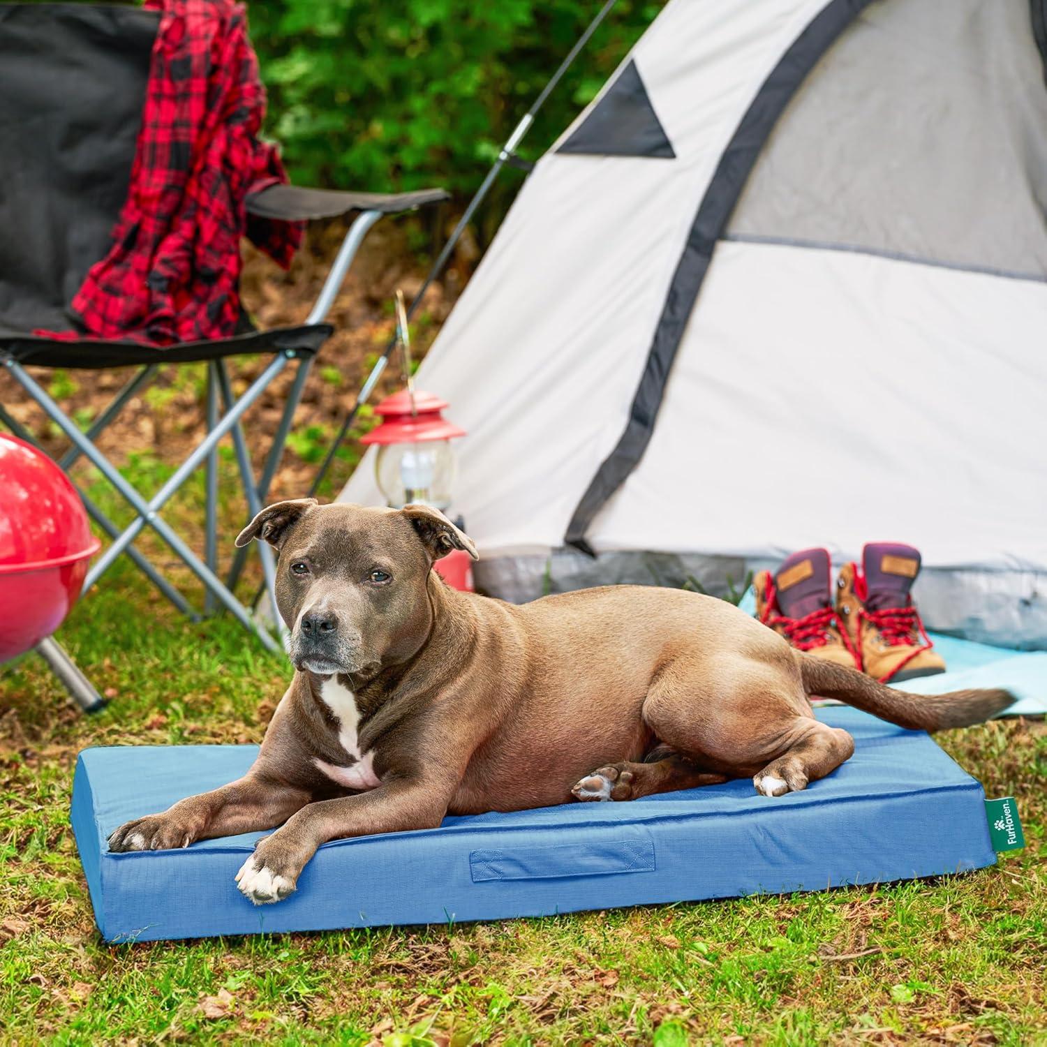 imageFurhaven WaterResistant Cooling Gel Dog Bed for MediumSmall Dogs w Removable Washable Cover For Dogs Up to 35 lbs IndoorOutdoor Logo Print Oxford Polycanvas Mattress Stone Gray MediumBlue