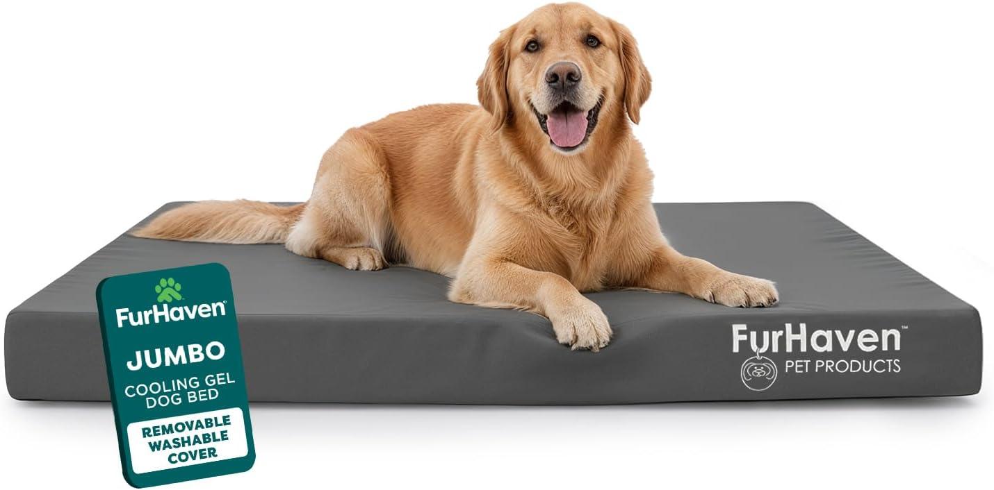 imageFurhaven WaterResistant Cooling Gel Dog Bed for MediumSmall Dogs w Removable Washable Cover For Dogs Up to 35 lbs IndoorOutdoor Logo Print Oxford Polycanvas Mattress Stone Gray MediumStone Gray