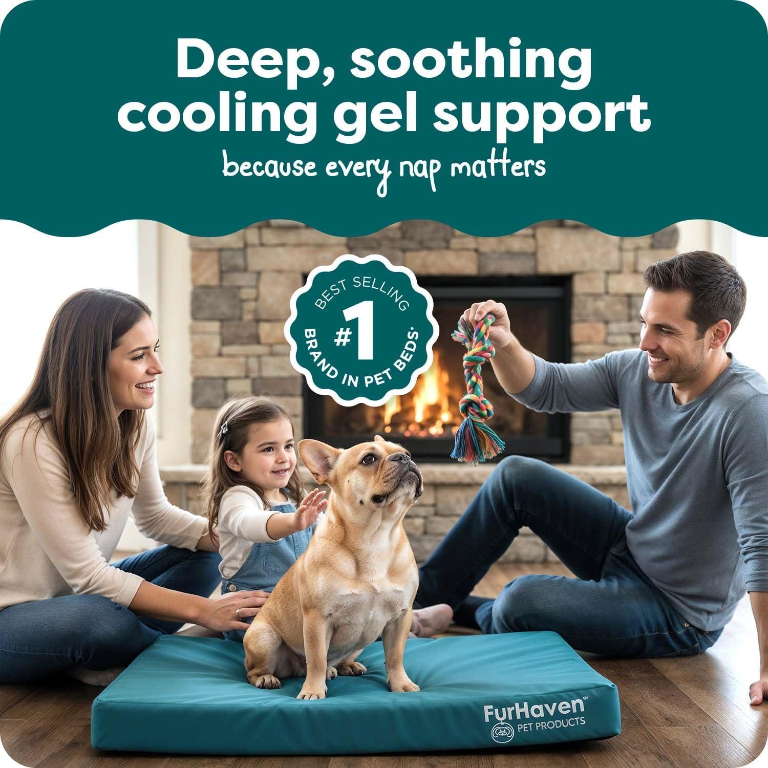 imageFurhaven WaterResistant Cooling Gel Dog Bed for MediumSmall Dogs w Removable Washable Cover For Dogs Up to 35 lbs IndoorOutdoor Logo Print Oxford Polycanvas Mattress Stone Gray MediumDeep Lagoon