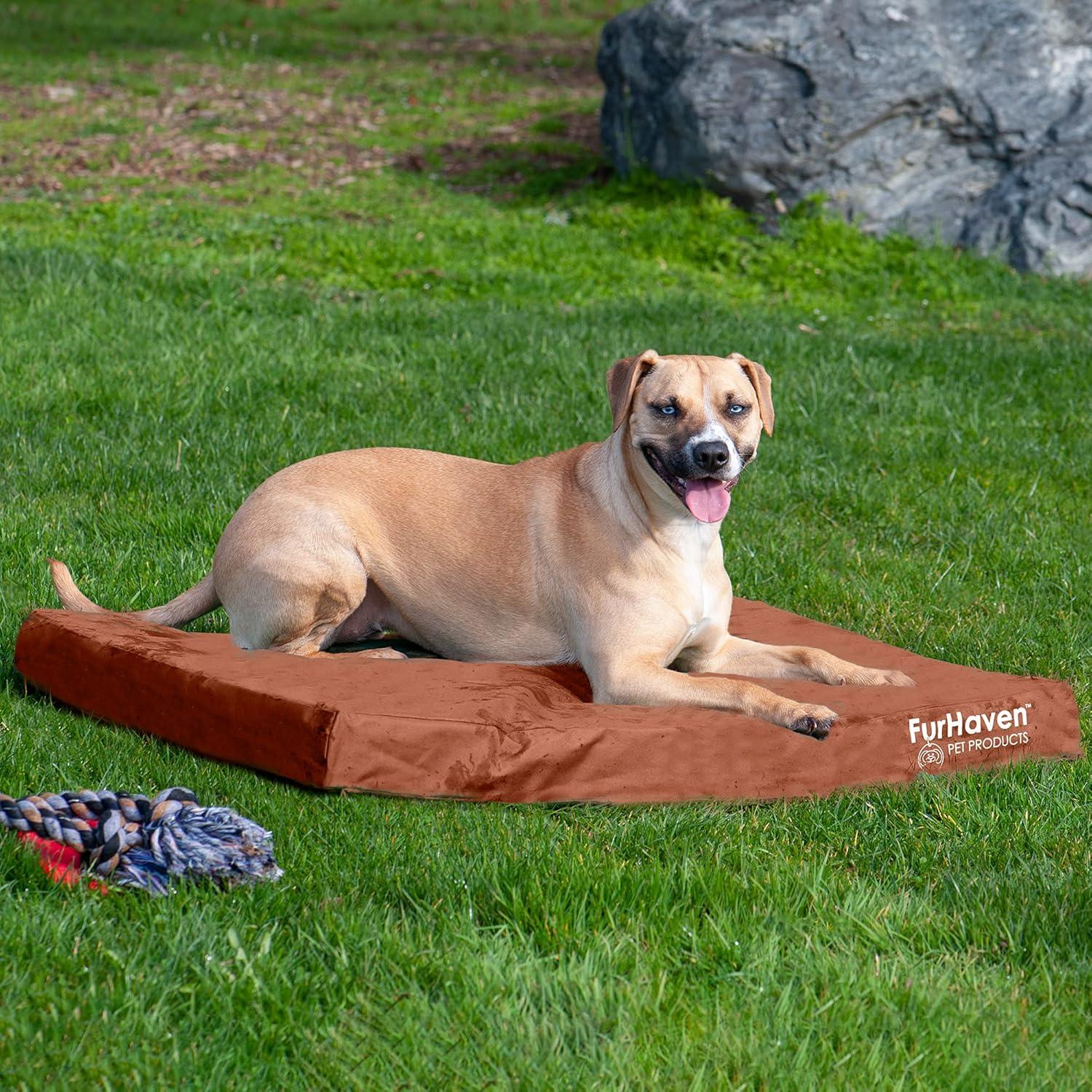 imageFurhaven WaterResistant Cooling Gel Dog Bed for MediumSmall Dogs w Removable Washable Cover For Dogs Up to 35 lbs IndoorOutdoor Logo Print Oxford Polycanvas Mattress Stone Gray MediumChestnut