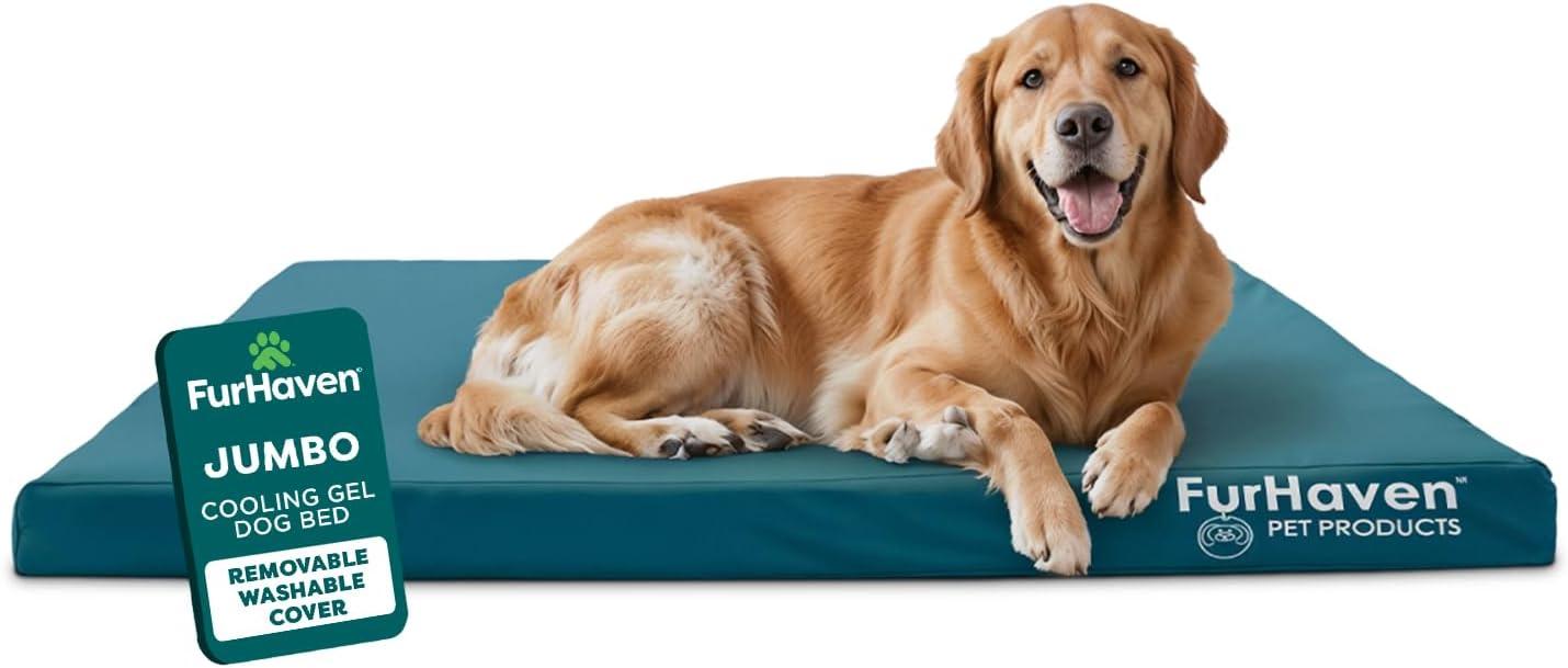 imageFurhaven WaterResistant Cooling Gel Dog Bed for MediumSmall Dogs w Removable Washable Cover For Dogs Up to 35 lbs IndoorOutdoor Logo Print Oxford Polycanvas Mattress Stone Gray MediumDeep Lagoon