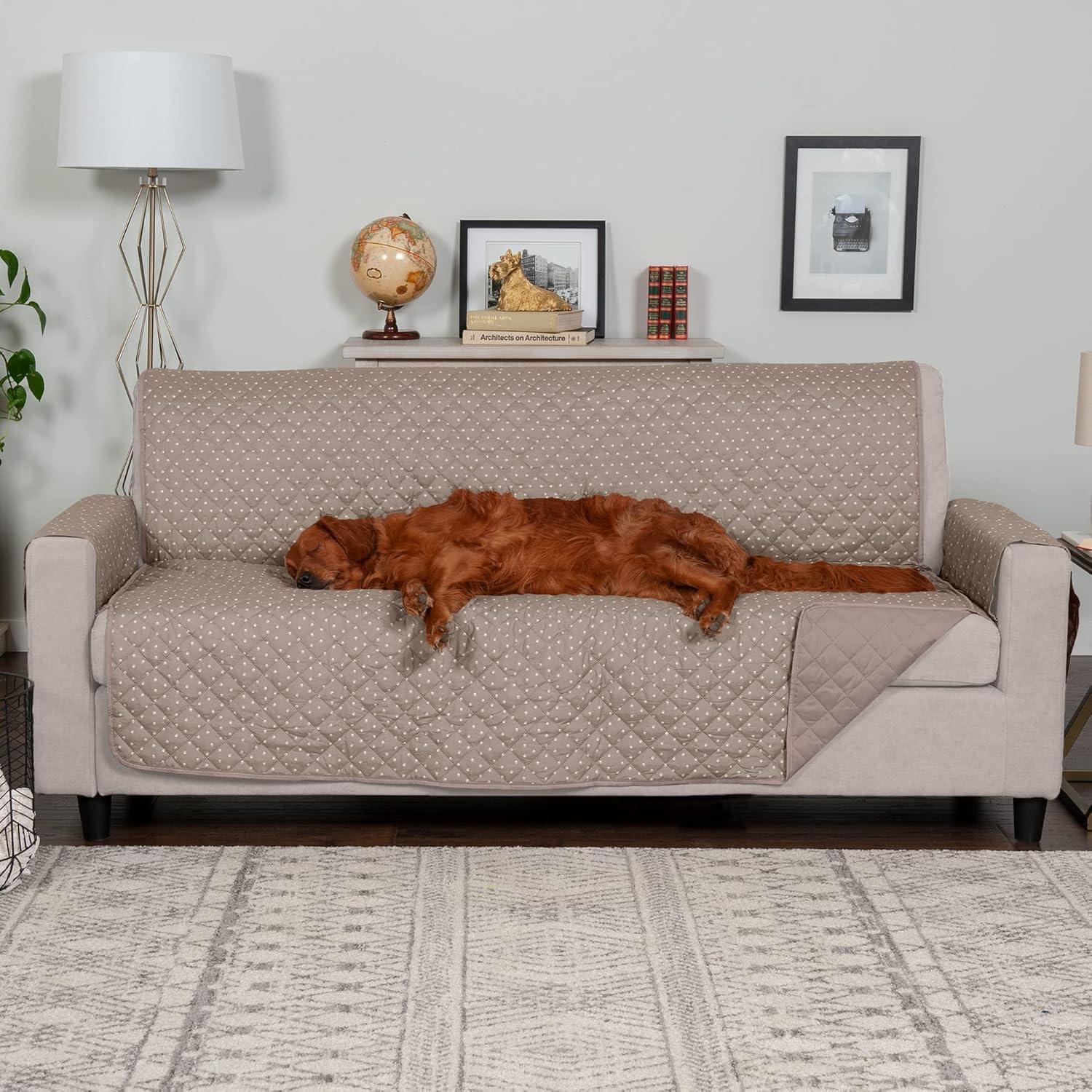 imageFurhaven WaterResistant ampamp Reversible SofaCouch Cover Protector for Dogs Cats ampamp Children Quilted Polka Paw Living Room Furniture Cover Biscuit Brown Sofa
