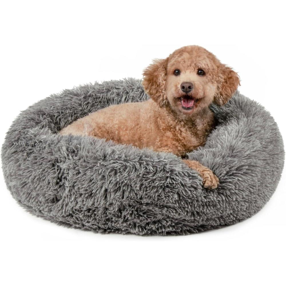 imageFurHaven 45quot Calming Donut Dog Bed for Large Dogs Round Plush Donut Design with Soft Filling for Snuggling Comfort Removable Washable Cover Jumbo XL Shaggy Faux Fur GrayGray