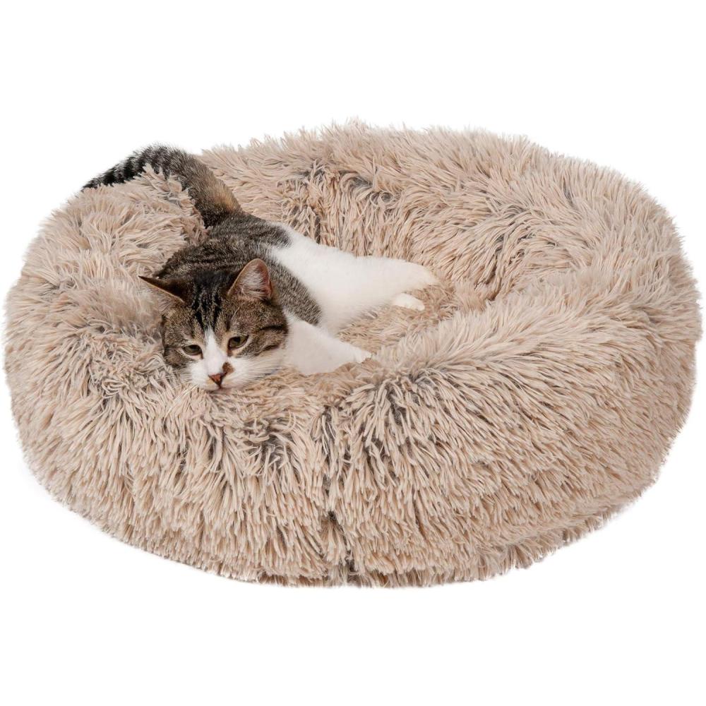 imageFurHaven 45quot Calming Donut Dog Bed for Large Dogs Round Plush Donut Design with Soft Filling for Snuggling Comfort Removable Washable Cover Jumbo XL Shaggy Faux Fur GrayTaupe