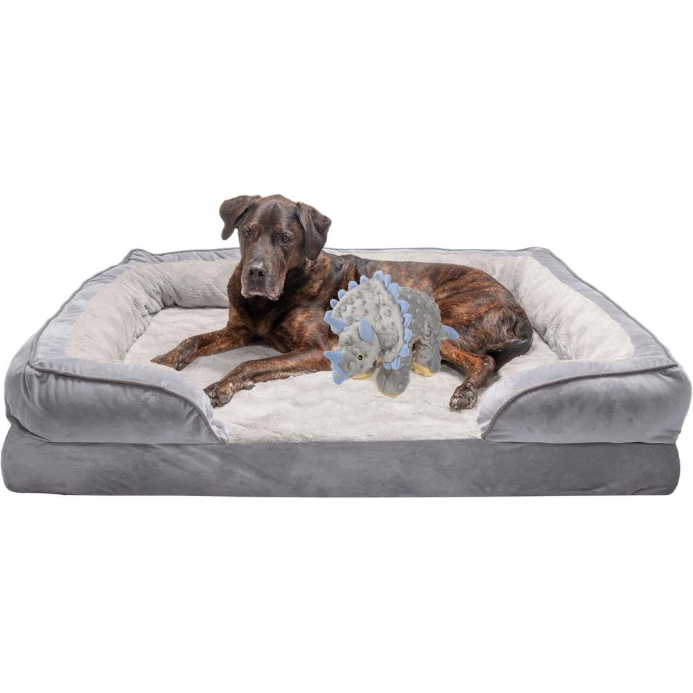 imageFurHaven Cooling Gel Dog Bed for Large Dogs Perfect Comfort Sofa Bed Cool GelTop Foam ampamp Solid Orthopedic Foam Base for Joint Support Removable Washable Cover Jumbo XL Plush ampamp Velvet BrownstoneDino Toy Granite Gray