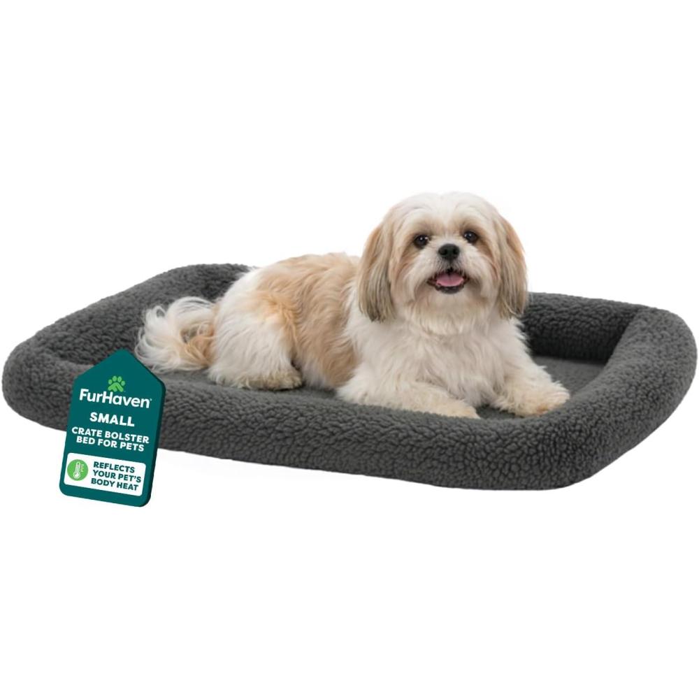 imageFurHaven Dog Bed for Extra Small Dogs ampamp Cats Bolster Crate Pad with Soft Supportive Base for Carriers ampamp Kennels Machine Washable Extra Small Sherpa Fleece CreamGray