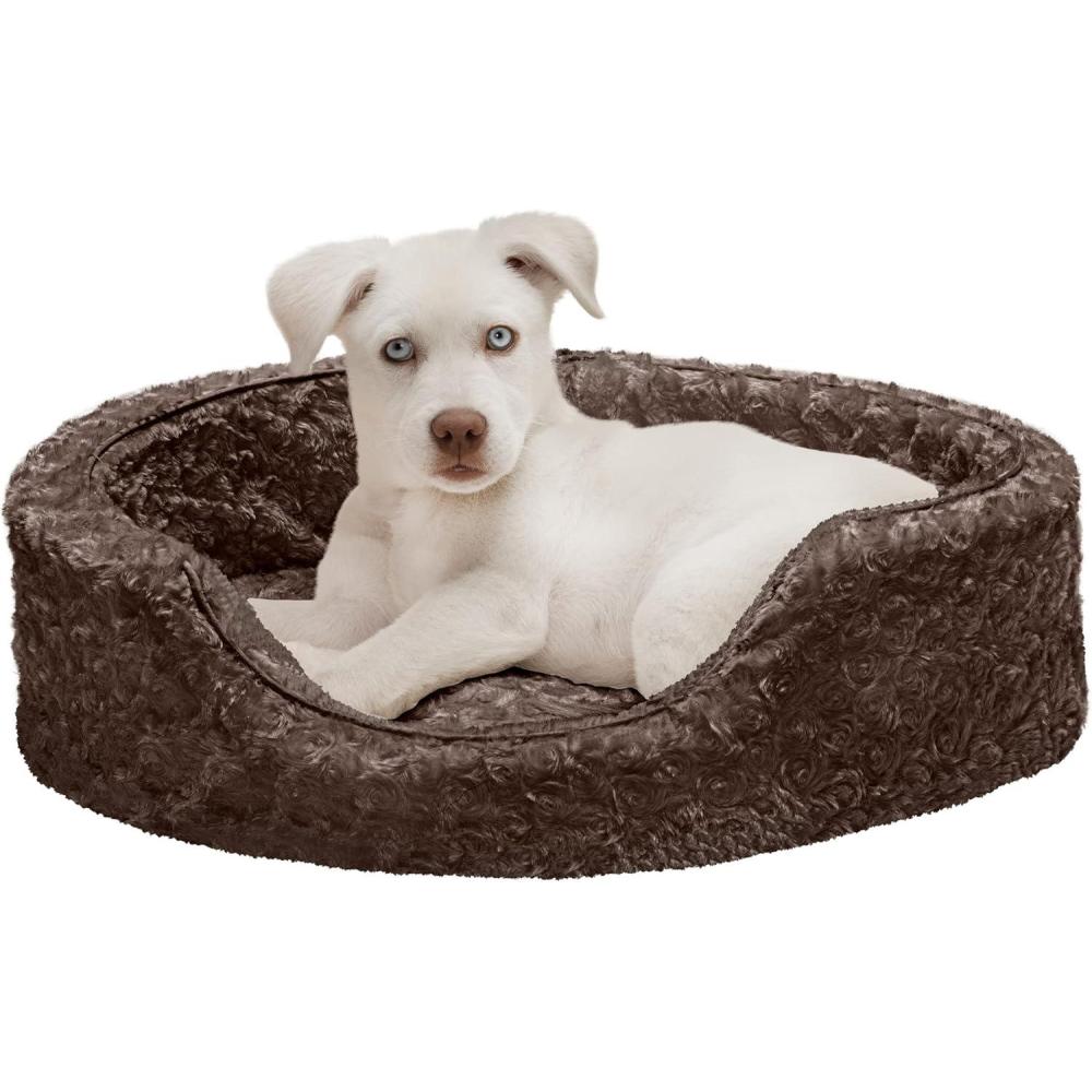 imageFurHaven Dog Bed for Small Dogs Oval Lounger with Soft Pillow Cushion Insert for Cozy Comfort Removable Washable Cover Small Faux Fur ampamp Suede GrayPlush Chocolate