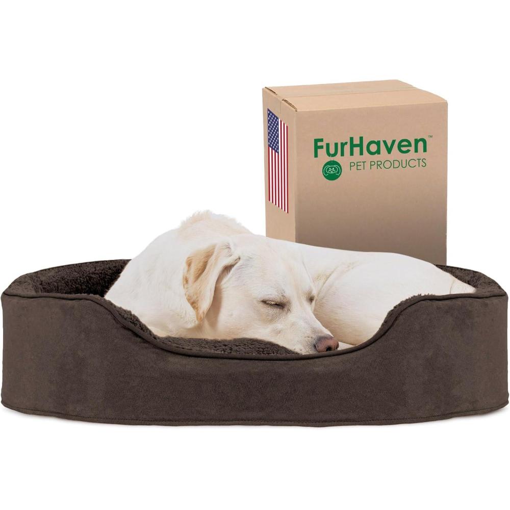 imageFurHaven Dog Bed for Small Dogs Oval Lounger with Soft Pillow Cushion Insert for Cozy Comfort Removable Washable Cover Small Faux Fur ampamp Suede GrayTerry  Suede Espresso