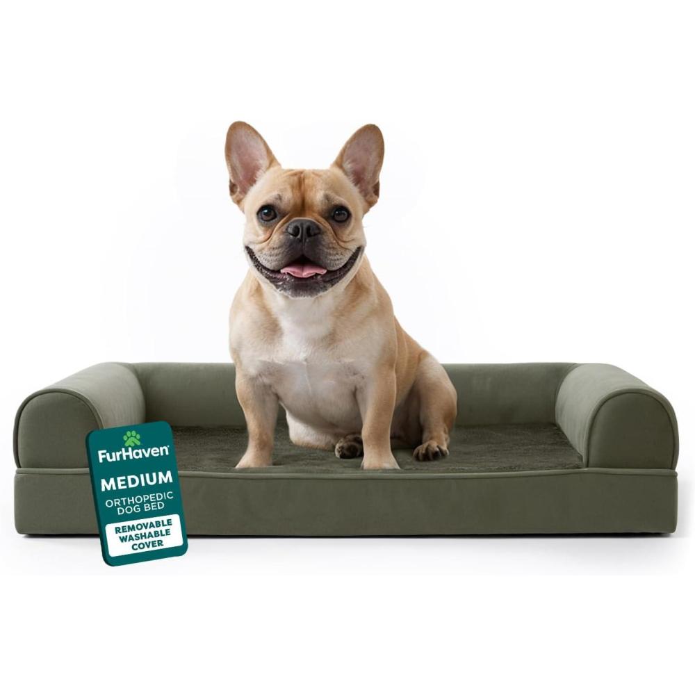 imageFurHaven Dreamer Sofa Orthopedic Dog Bed for Large Dogs with Orthopedic Egg Crate Memory Foam for Joint Support Removable Washable Cover Jumbo XL Quilted Sofa Iron GrayDark Sage