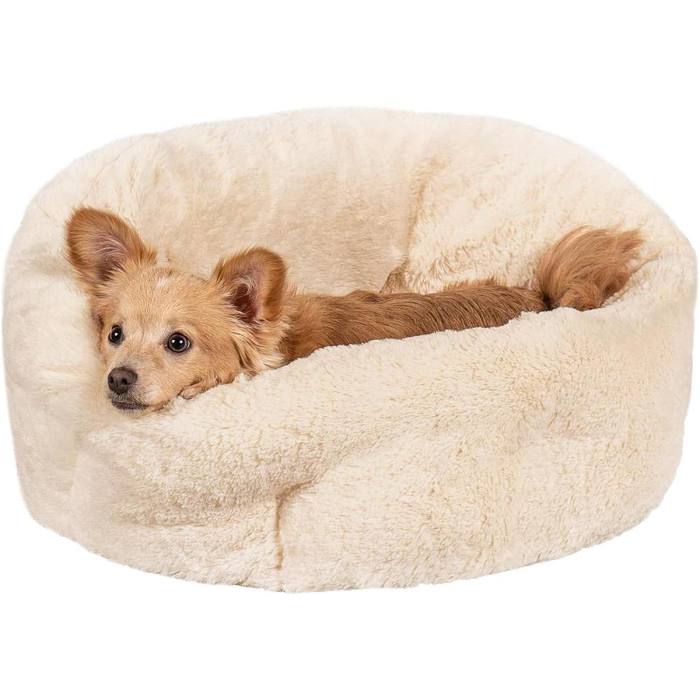 imageFurhaven 20quot Round SelfWarming Pet Bed for Indoor Cats ampamp Small Dogs 100 Washable For Pets Up to 20 lbs Hi Lo Plush Luxe Faux Fur Cuddler Cream SmallHi Lo Cuddler Faux Fur Cream
