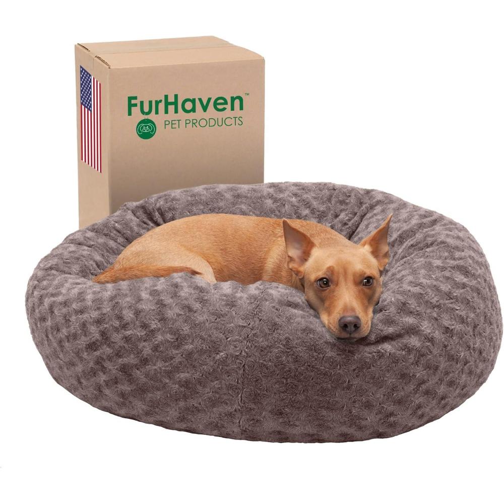 imageFurhaven 23quot Round Donut Dog Bed for Indoor Cats ampamp Small Dogs Washable For Dogs Up to 20 lbs Plush ampamp Diamond Print Donut Bed Gray SmallCurly Faux Fur Cocoa Dust
