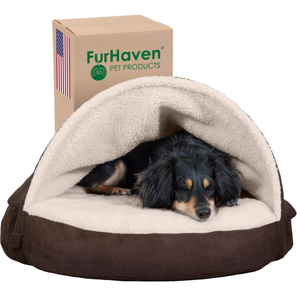 imageFurhaven 26quot Round Cooling Gel Dog Bed for MediumSmall Dogs w Removable Washable Cover For Dogs Up to 30 lbs Sherpa ampamp Suede Snuggery Espresso 26inchFaux Lambswool Suede Espresso