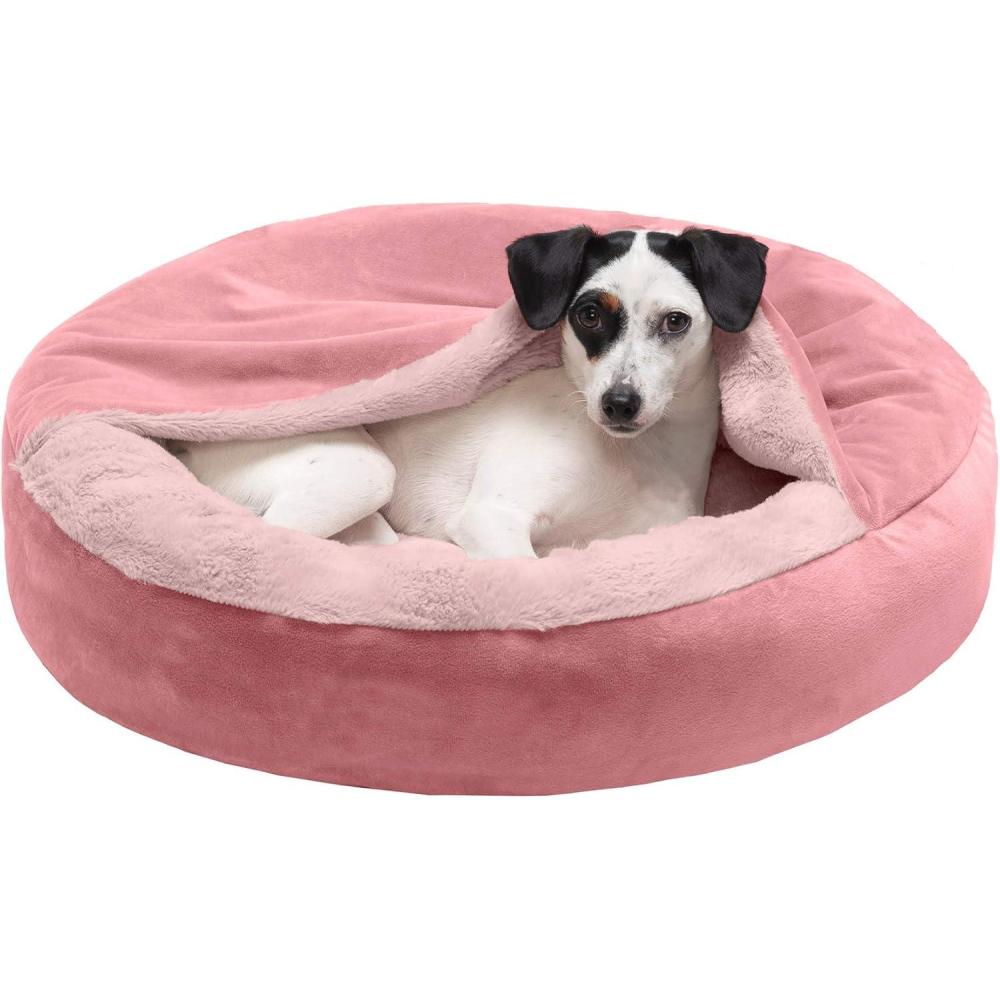 imageFurhaven 27quot Round Calming Donut Dog Bed for MediumSmall Dogs Washable For Dogs Up to 45 lbs  Plush Velvet Waves Hooded Donut Bed  Dark Gray MediumRose Pink