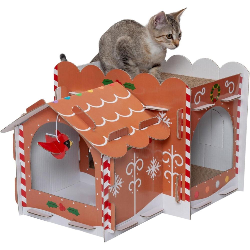 imageFurhaven Cardboard Cat House w Catnip for Indoor Cats Ft Scratching Pad ampamp Hanging Toys Decorated Gingerbread House Holiday Cat Scratcher Hideout Christmas Print One SizeGingerbread Christmas Chateau