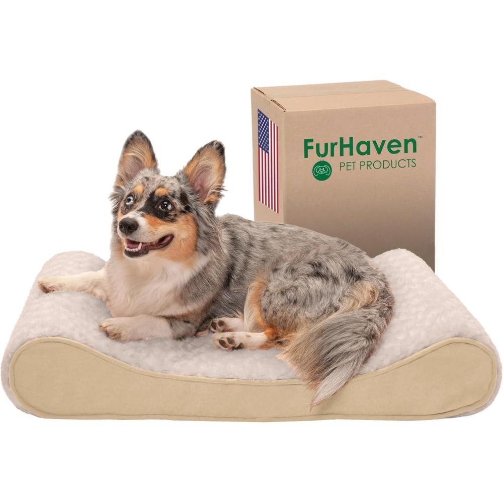 imageFurhaven Cooling Gel Dog Bed for LargeMedium Dogs w Removable Washable Cover For Dogs Up to 38 lbs Ultra Plush Faux Fur ampamp Suede Luxe Lounger Contour Mattress Gray LargeUltra Plush Cream