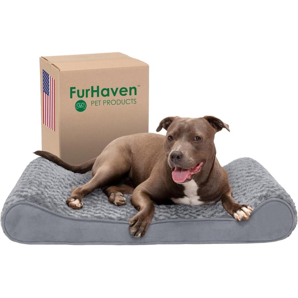 imageFurhaven Cooling Gel Dog Bed for LargeMedium Dogs w Removable Washable Cover For Dogs Up to 38 lbs Ultra Plush Faux Fur ampamp Suede Luxe Lounger Contour Mattress Gray LargeUltra Plush Gray
