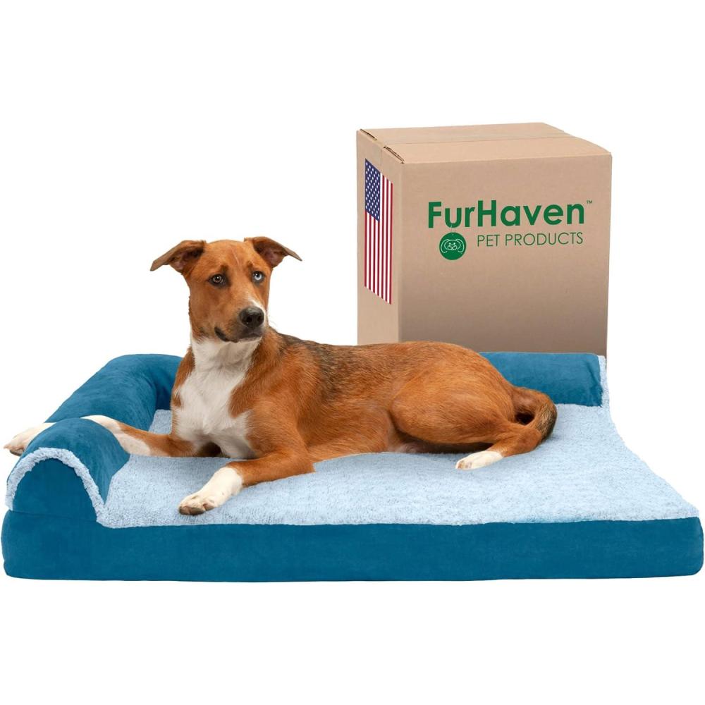 imageFurhaven Cooling Gel Dog Bed for MediumSmall Dogs w Removable Bolsters ampamp Washable Cover For Dogs Up to 35 lbs Pinsonic Quilted Paw L Shaped Chaise Titanium MediumTwoTone Faux Fur Suede Marine Blue