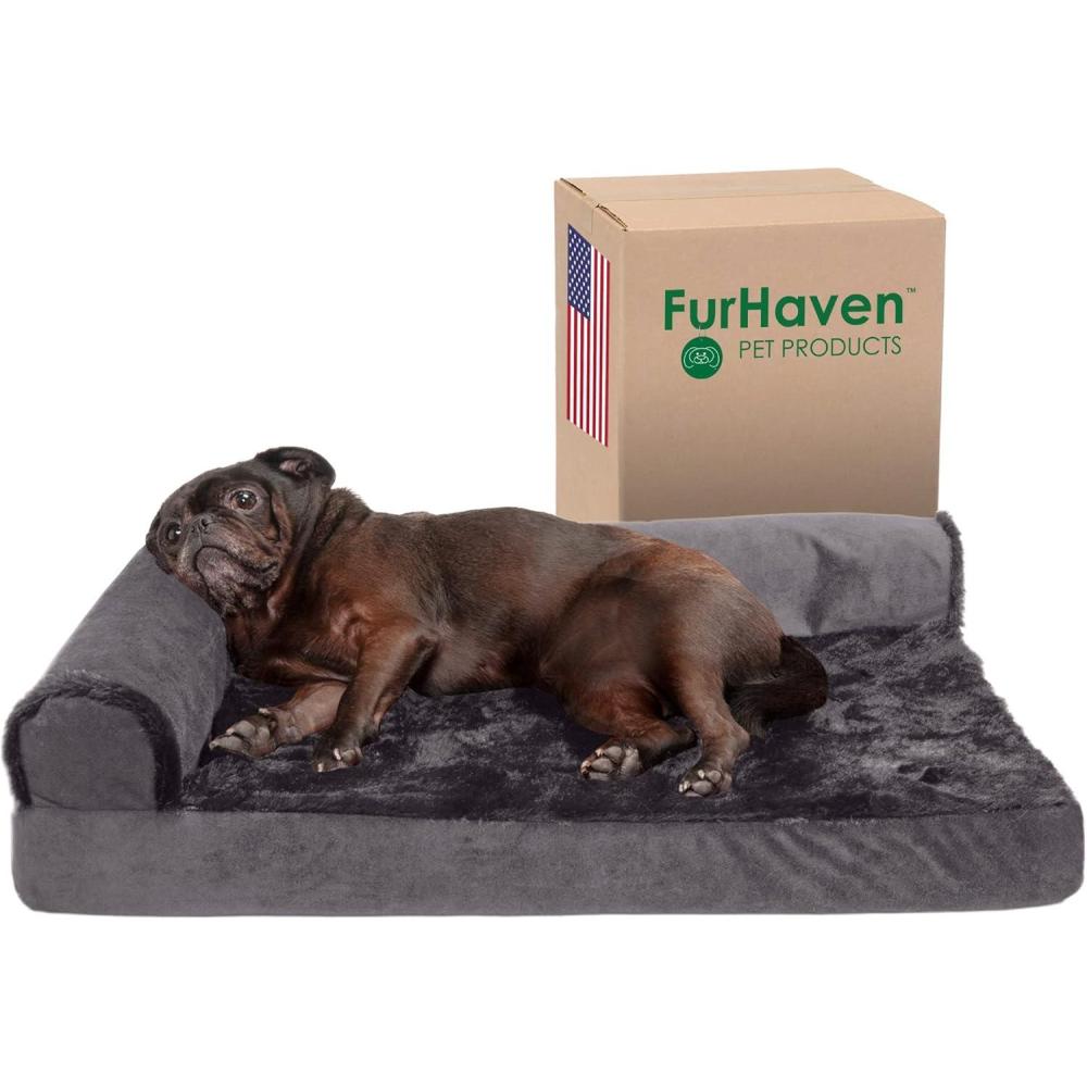 imageFurhaven Cooling Gel Dog Bed for MediumSmall Dogs w Removable Bolsters ampamp Washable Cover For Dogs Up to 35 lbs  Pinsonic Quilted Paw L Shaped Chaise  Titanium MediumPlush  Velvet Platinum Gray