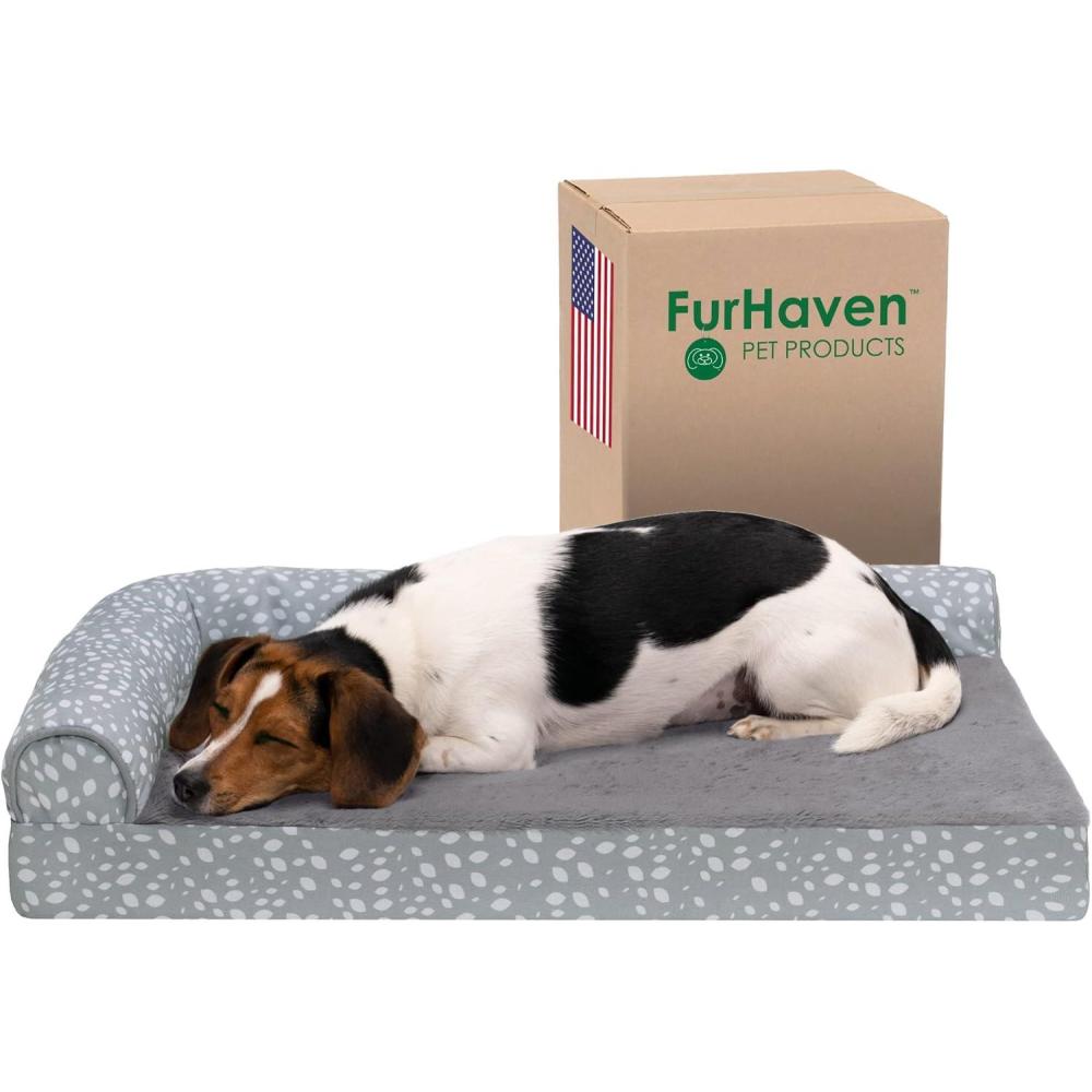 imageFurhaven Cooling Gel Dog Bed for MediumSmall Dogs w Removable Bolsters ampamp Washable Cover For Dogs Up to 35 lbs  Pinsonic Quilted Paw L Shaped Chaise  Titanium MediumPlush  Almond Print Gray Almonds