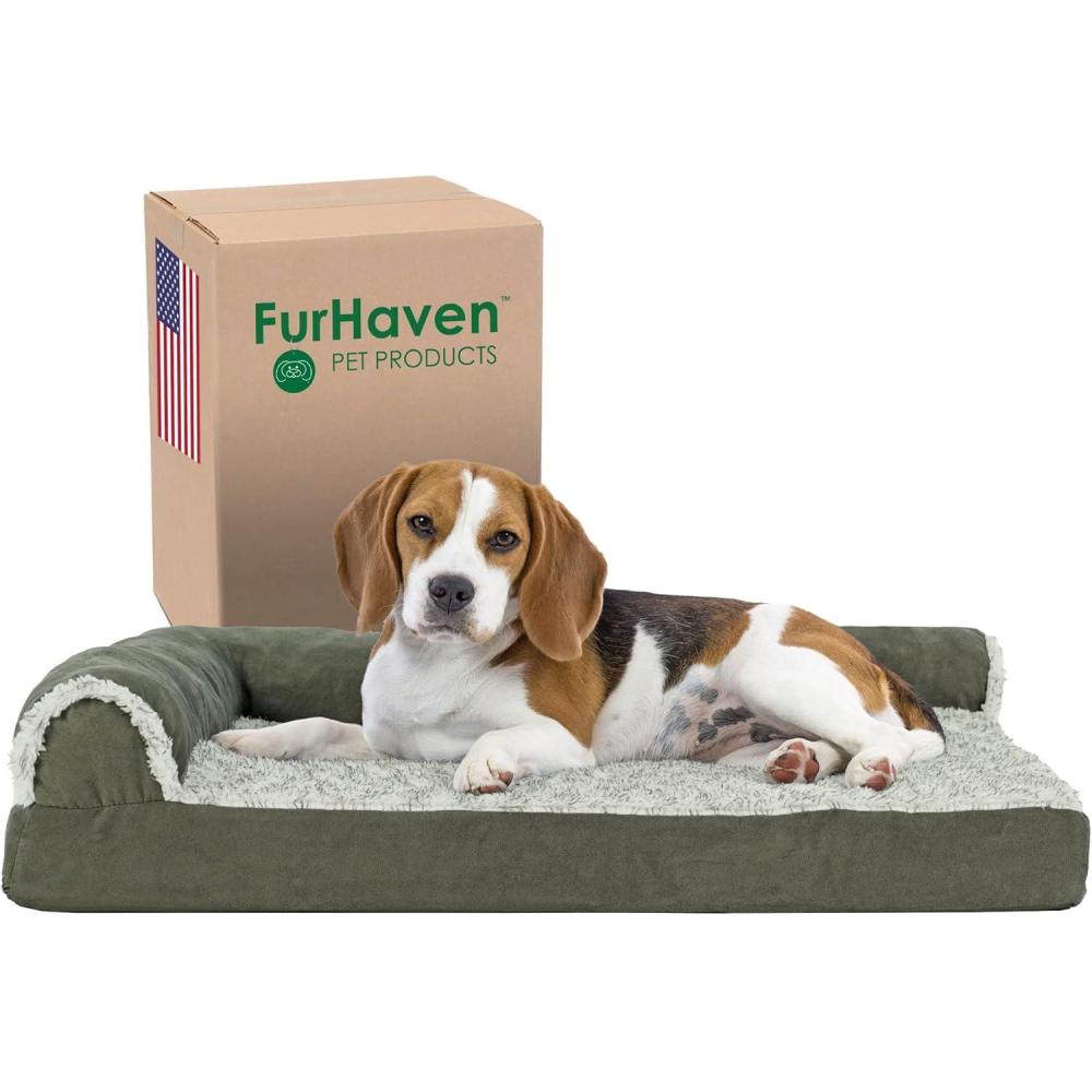 imageFurhaven Cooling Gel Dog Bed for MediumSmall Dogs w Removable Bolsters ampamp Washable Cover For Dogs Up to 35 lbs Pinsonic Quilted Paw L Shaped Chaise Titanium MediumTwoTone Faux Fur Suede Dark Sage