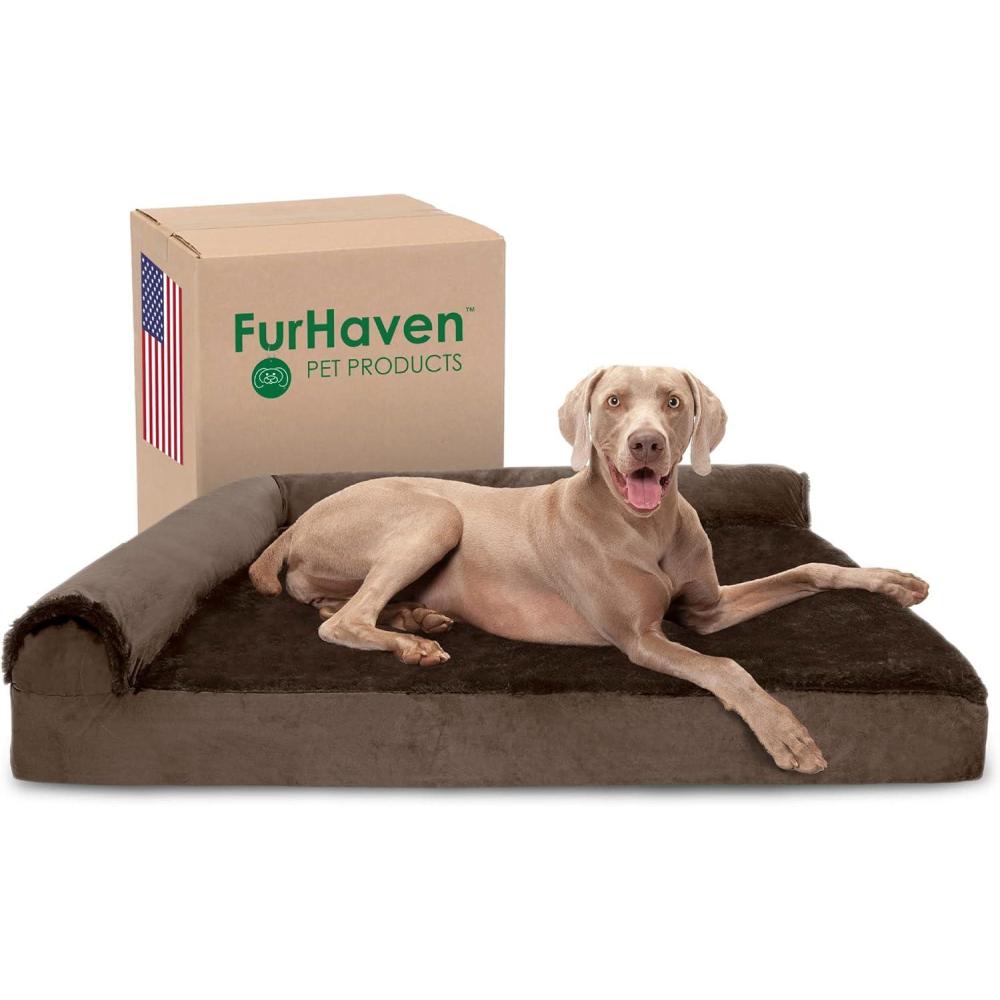 imageFurhaven Memory Foam Dog Bed for Large Dogs w Removable Bolsters ampamp Washable Cover For Dogs Up to 125 lbs  Plush ampamp Velvet L Shaped Chaise  Sable Brown Jumbo PlusXXL