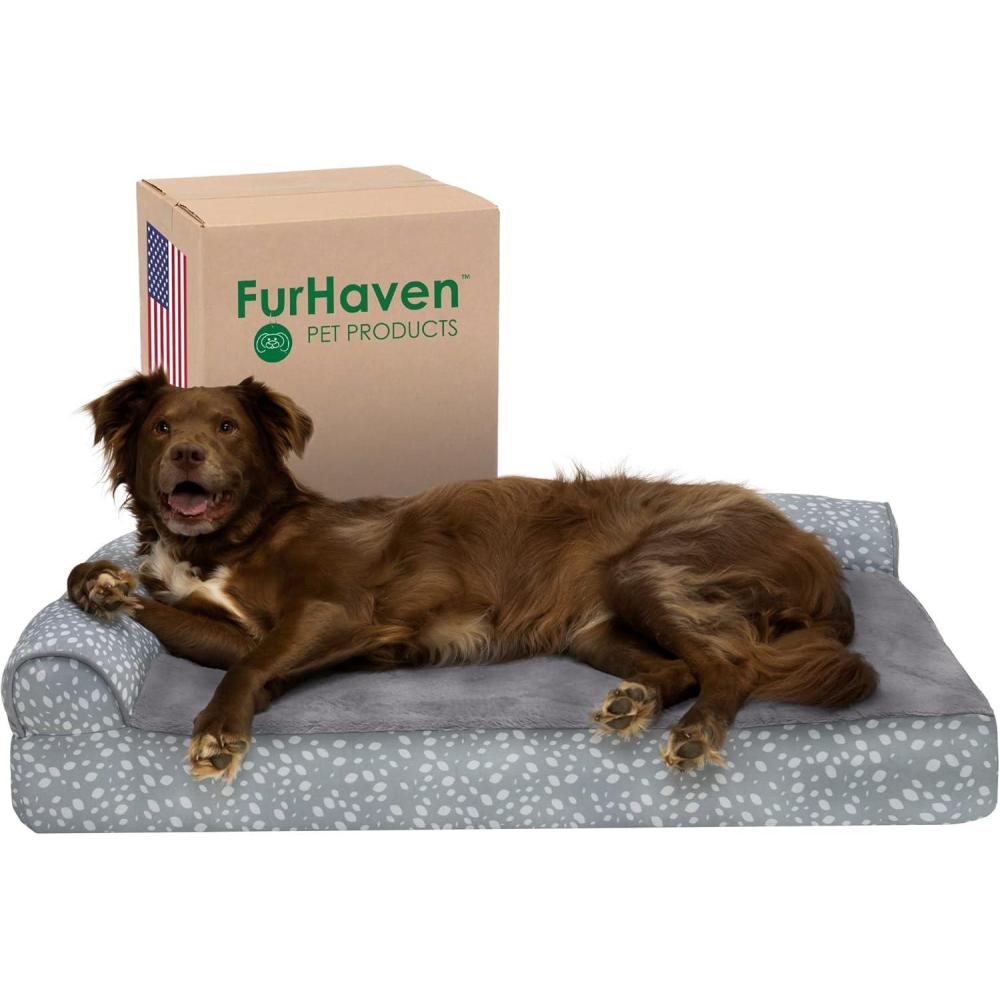 imageFurhaven Memory Foam Dog Bed for Large Dogs w Removable Bolsters ampamp Washable Cover For Dogs Up to 95 lbs  Plush ampamp Almond Print L Shaped Chaise  Gray Almonds JumboXLGray Almonds