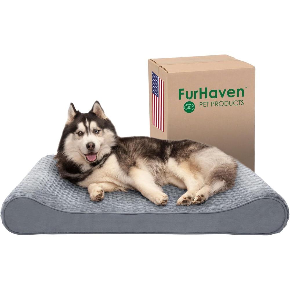 imageFurhaven Memory Foam Dog Bed for Large Dogs w Removable Washable Cover For Dogs Up to 75 lbs Ultra Plush Faux Fur ampamp Suede Luxe Lounger Contour Mattress Gray JumboXL