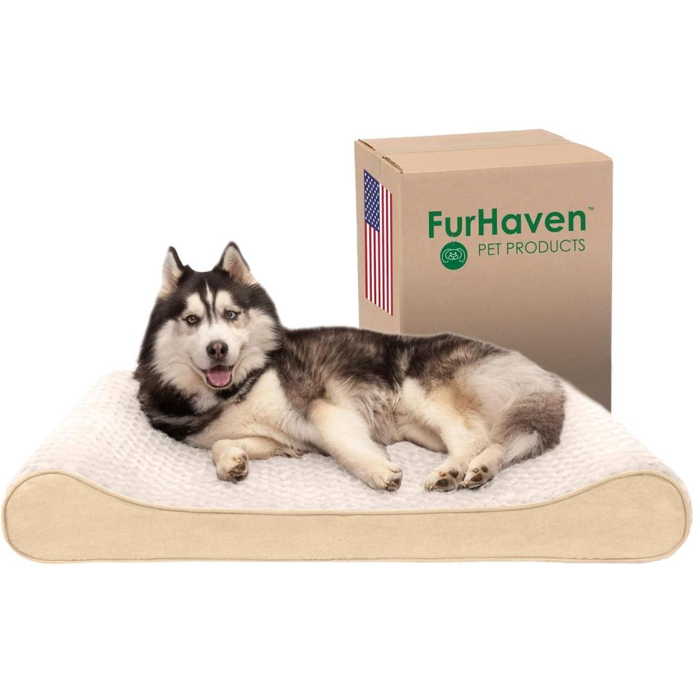 imageFurhaven Memory Foam Dog Bed for Large Dogs w Removable Washable Cover For Dogs Up to 75 lbs Ultra Plush Faux Fur ampamp Suede Luxe Lounger Contour Mattress Cream JumboXL